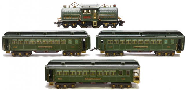 Lionel 2-Tone Gr. Olympian State Set no. 409E: Lionel prewar standard gauge two-tone green Olympian State set no. 409E including; 381E 4-4-4 electric loco, 412 California Pullman 413 Colorado Pullman and a 416 New York observation. The cars have a