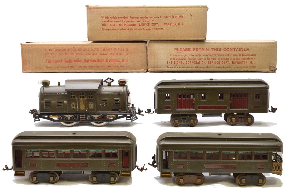 Lionel Std. Ga. Gray Passenger Set no. 352: Lionel prewar standard gauge gray passenger set no. 352 including; 10 electric 0-4-0 loco, 332 baggage. 339 Pullman and a 341 observation. The cars have maroon inserts and nickel journals. The loco ha