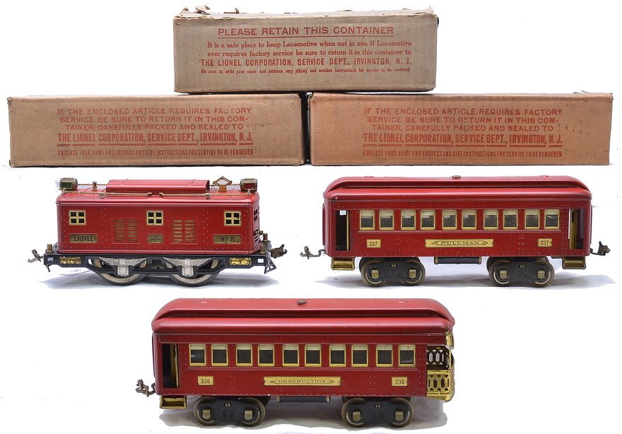 Lionel Std. Ga. Red Passenger Set no. 347: Lionel prewar standard gauge red passenger set no. 347 including; 8 electric 0-4-0 loco, 337 Pullman and a 338 observation all in OBs. The loco has cream inserts, brass trim and plates. The cars have 