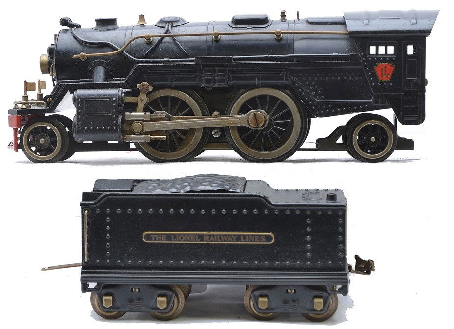 Lionel 1835E Steam Loco & 1835W Tender: Lionel prewar standard gauge 1835E black 2-4-2 steam loco and a 1835W tender with nickel journals. The loco is C6. The tender has a reproduction tender casting and is missing the whistle. Tender is C6