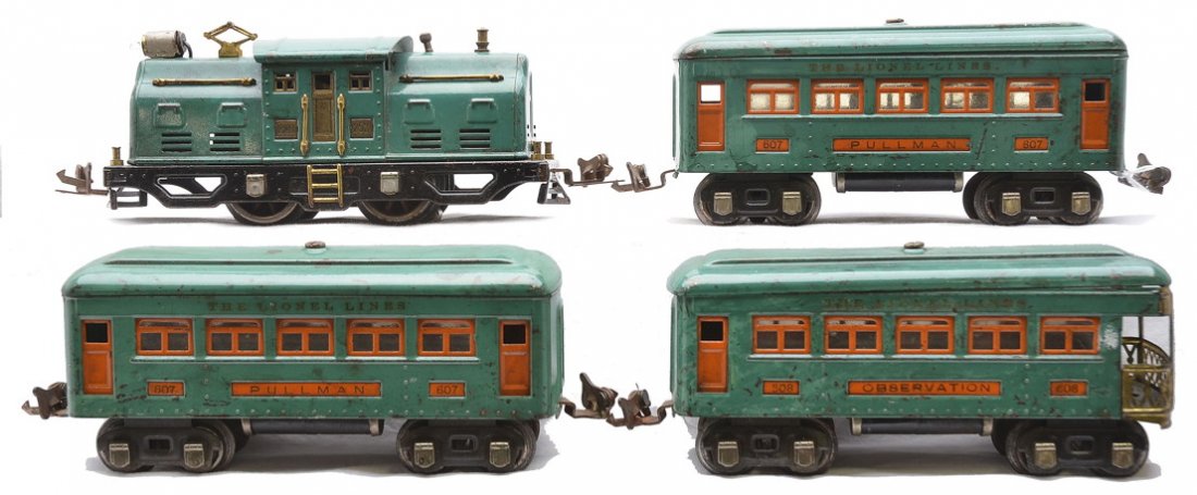 Lionel Peacock Pass Set 296E 252 607 607 608: Lionel prewar O gauge peacock passenger set no. 296E including; 252 electric 0-4-0 loco, two 607 Pullmans and a 608 observation. The cars have orange inserts and nickel journals. The entire set has cl