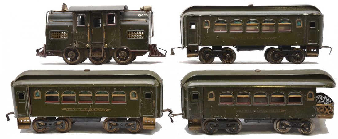 Lionel Dark Olive Green NYC Lines Pass Set no. 34: Lionel prewar standard gauge dark olive green New York Central Lines passenger set no. 34 containing; no. 34 electric 0-6-0 loco, 35 Pullman and a 36 observation. Also included is an extra no. 35 Pull