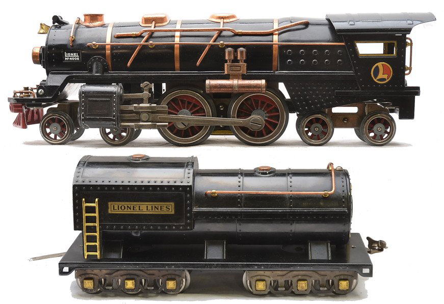 Lionel 400E Black Steam Loco 400T Tender: Lionel prewar standard gauge 400E black 4-4-4 steam loco and a 400T tender both with brass and copper trim. The tender has brass journals. The cab roof of the loco has some paint touch up. The boiler