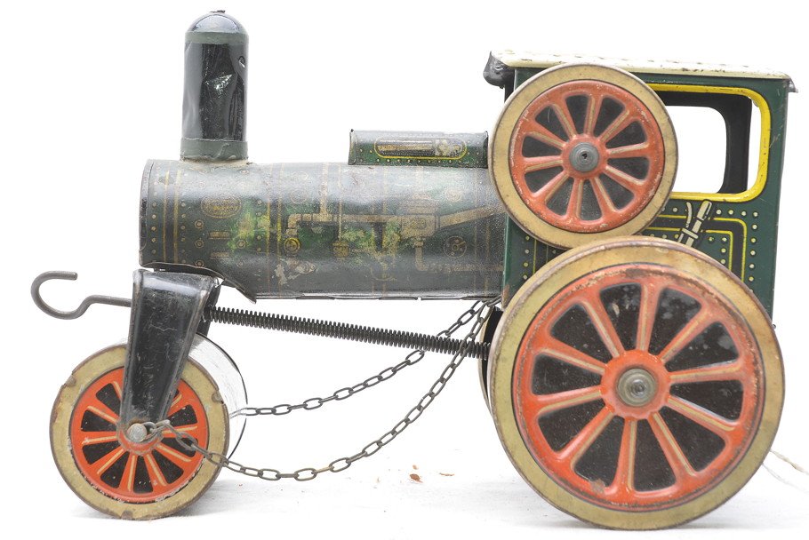 Arnold German Litho Steam Roller Floor Toy: Arnold German lithographed steam roller floor toy with a pull spring mechanism, C5.