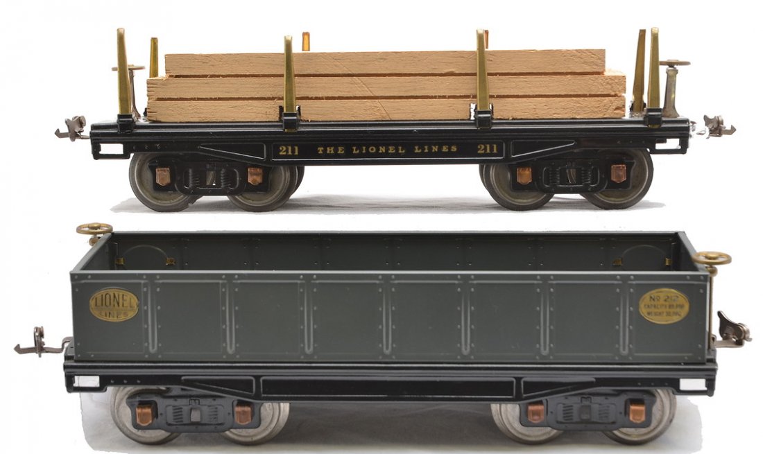 Lionel 211 Black Flatcar 212 Gray Gondola: Lionel prewar standard gauge 211 black flatcar with wood load and a 212 gray gondola both with brass trim and copper journals. Both cars have been restored to look like new.