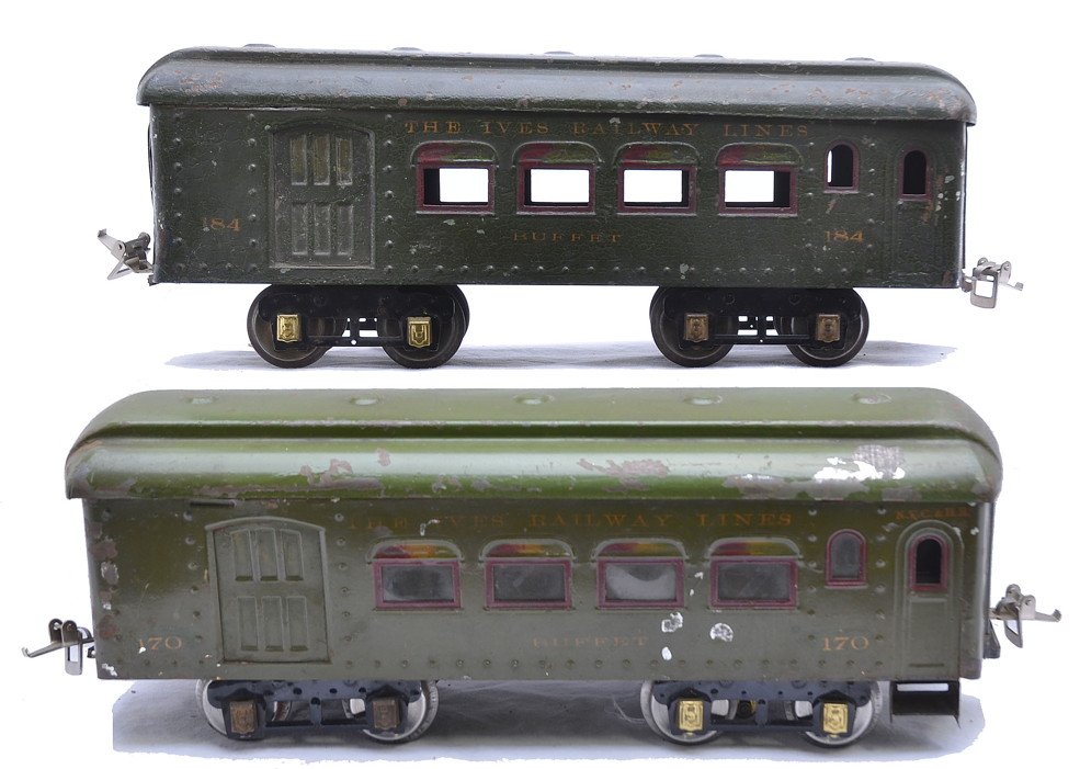 Ives 170 Olive Buffet 184 Dark Green Buffet: Ives prewar wide gauge 170 olive green Buffet and 184 dark green Buffet, C4.