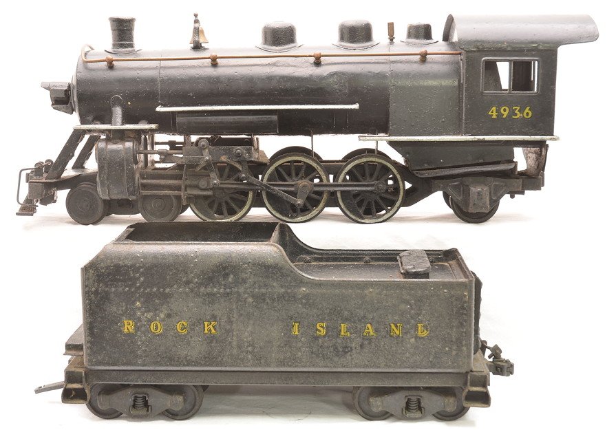 Buddy L no. 1000 Steam Loco and Tender: Vintage Buddy L no. 1000 black 4-6-2 steam loco stamped 4936 and a tender stamped ROCK ISLAND. This loco is the version with brass hand rails, bell and whistle. The loco and tender have been repainted