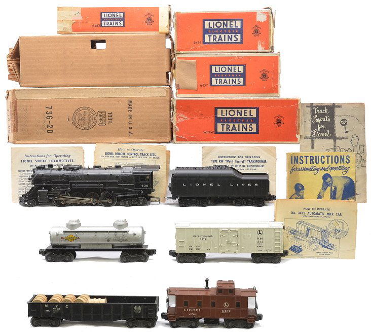Lionel Postwar Freight Set no. 2163WS Boxed: Lionel postwar freight set no. 2163WS, circa 1951 in worn individual OBs containing; 736 black 2-8-4 Berkshire steam loco with original cardboard insert, 2671WX tender with a reproduction shell, 6162
