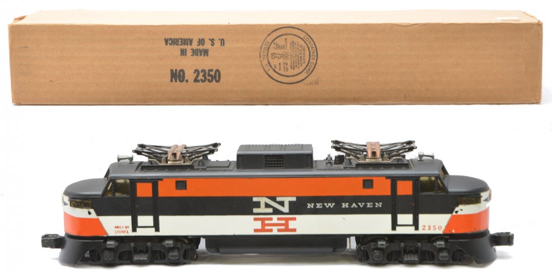 Lionel 2350 New Haven DP-5 Electric Loco: Lionel postwar 2350 New Haven EP-5 electric rectifier in a reproduction box. Both decals are original and are mostly intact with a few flakes. One decal is stained on one side. The loco is C7.