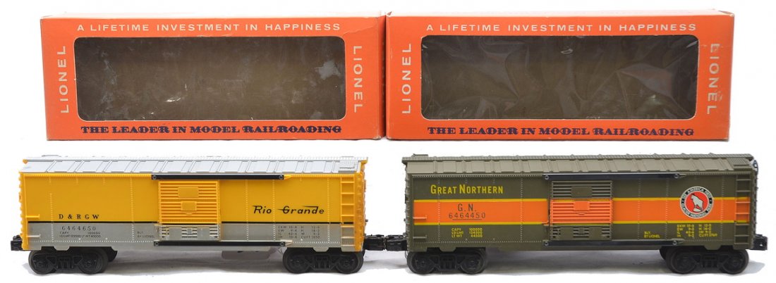 Lionel 6464-450 GN 6464-650 RG Boxcars OBs: Lionel postwar 6464-450 Great Northern type IV boxcar and a 6464-650 Rio Grande type IV boxcar both in OBs. The 6464-450 is C8 and the 6464-650 is C7-8. The OBs have all flaps and the cellophane front