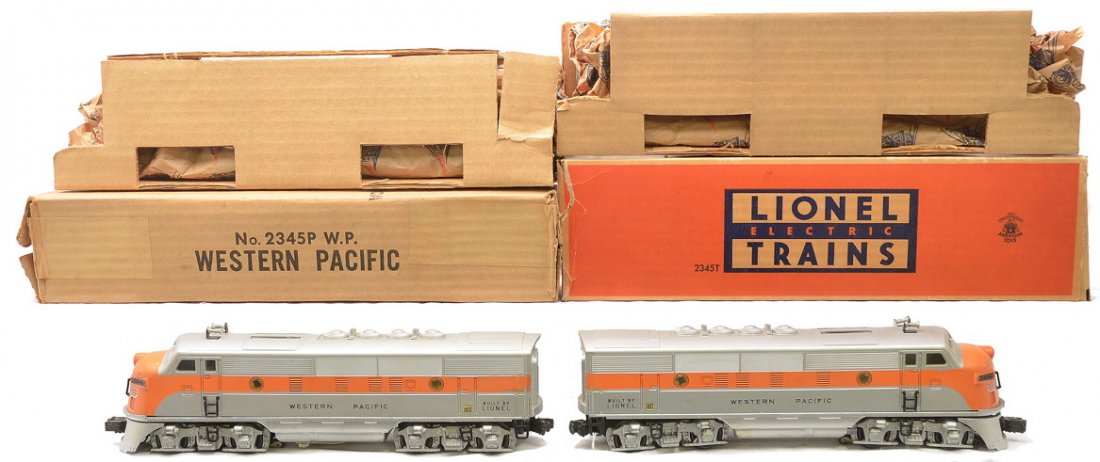 Lionel 2345 Western Pacific F3 AA Diesels OBs: Lionel postwar 2345 Western Pacific F3 AA diesel units in individual OBs that have original cardboard inserts and paper wrap. The domes on the diesels have box rubs. The AA units are C7. The power OB 