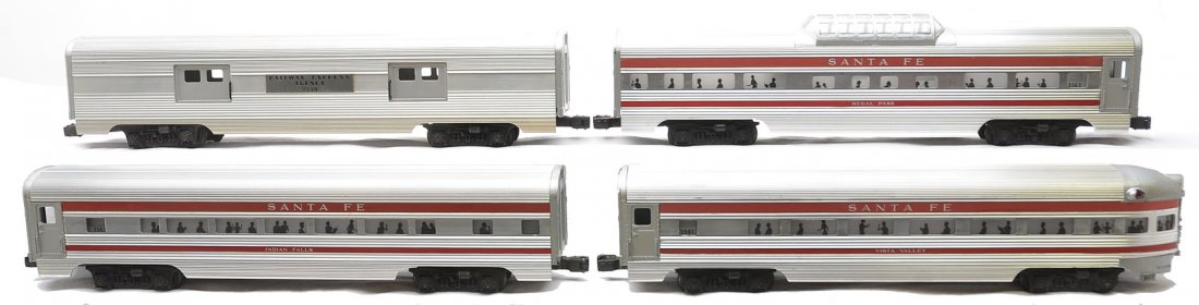 Lionel SF Aluminum Cars 2530 2563 2562 2563: Lionel postwar Santa Fe red striped aluminum passenger cars from the 2544W passenger set including; 2530 aluminum Railway Express Agency baggage, 2563 Indian Falls Pullman, 2562 Regal Pass vista dome 