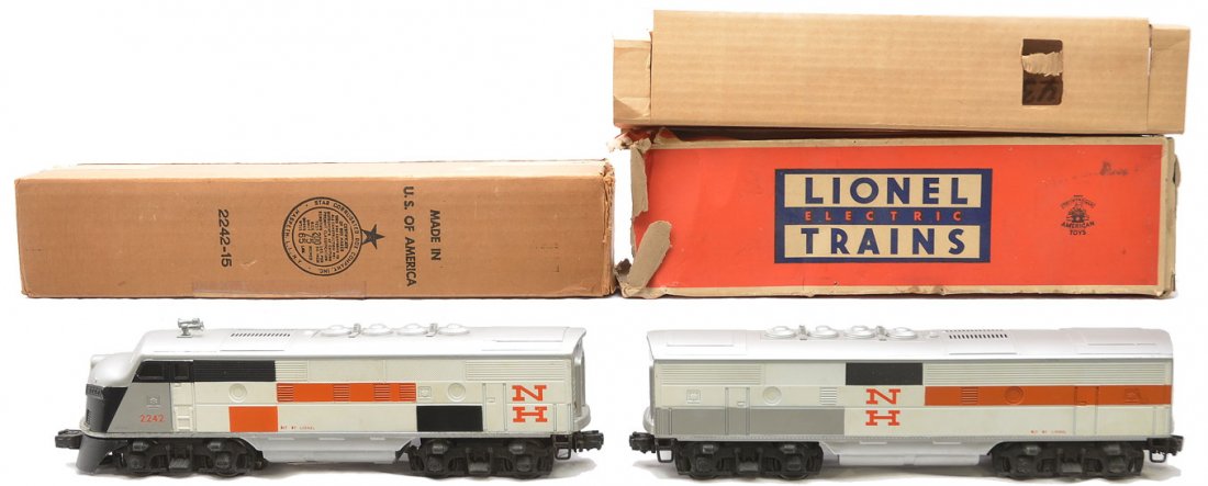Lionel Postwar NH 2242P/C F3 AB Diesels OBs: Lionel postwar New Haven 2242P/C F3 AB diesel units both in OBs, C7. The power OB has all flaps attached with original receipt taped on the outside. The B unit is damaged on one end and has the origin
