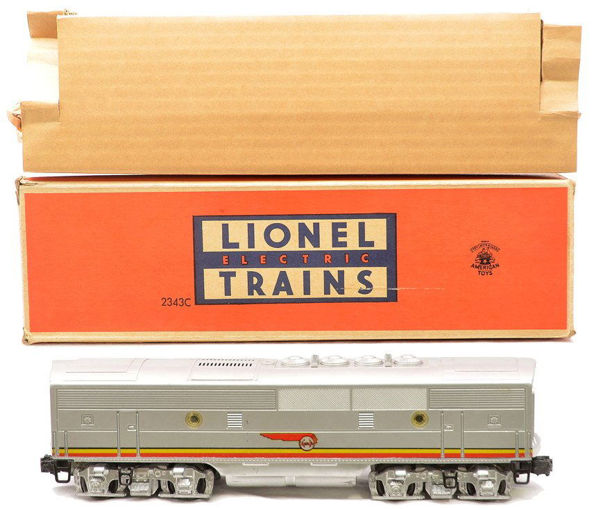 Lionel 2343C Santa Fe F3 B Unit Boxed: Lionel postwar 2343C Santa Fe F3 B unit with louvered roof vents in OB with original cardboard insert and paper wrap, C7. The OB has all flaps attached.