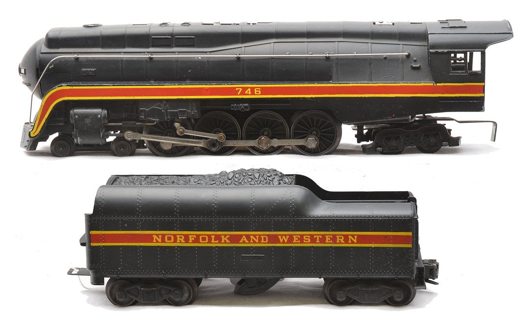 Lionel 746 N&W Northern Loco Long-Striped Tender: Lionel postwar 746 Norfolk & Western 4-8-4 class J Northern steam loco with a 746W tender that has a long stripe. The loco and tender are C7-8.
