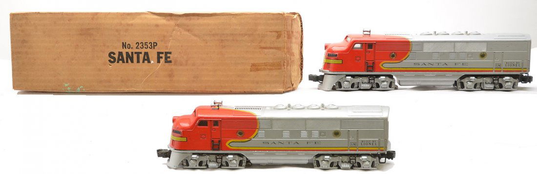 Lionel 2353 Santa Fe F3 AA Diesel Units: Lionel postwar 2353 Santa Fe F3 AA diesel units, C6. The power A unit is in an OB that has all flaps attached.