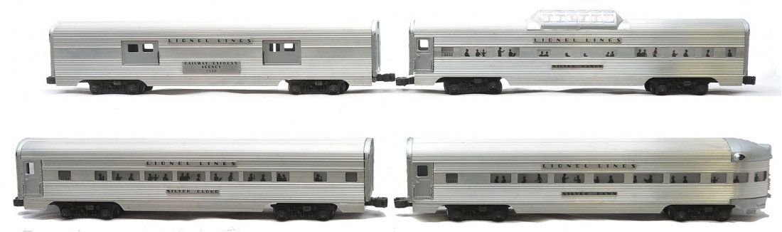 Lionel Aluminum Pass Cars 2530 2533 2532 2531: Lionel postwar aluminum passenger cars including; 2530 Railway Express Agency baggage car, 2533 Silver Cloud Pullman, 2532 Silver Range vista dome and a 2531 Silver Dawn observation. The cars are C6.