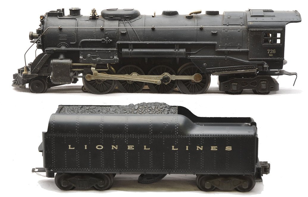 Lionel 726RR Berkshire Steam Loco 2046W Tender: Lionel postwar 726RR black 2-8-4 Berkshire steam loco, circa 1952 with a 2046W tender. The cab is the four window version. The loco is C7. The tender has melt marks on the bottom of the shell and the 