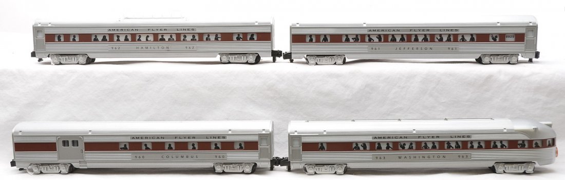 AF by Lionel Silver Flash 48938 48399 48942 48940: American Flyer S gauge manufactured by Lionel Trains Inc. Silver Flash passenger cars including; 48938 Columbus 960 combo, 48939 Jefferson 961 Pullman, 48942 Hamilton 962 vista dome and a 48940 Washin