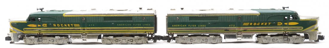 Am Flyer 474/475 Rocket PA/PA Chrome Diesels: American Flyer S gauge 474/475 Rocket PA/PA chrome diesel set, C5.