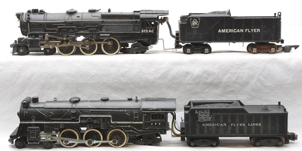 AF 293 Loco NYNH&H Tender 312AC Loco PRR Tender: American Flyer S gauge 293 black 4-6-2 Pacific steam loco with AFL tender that has New York, New Haven & Hartford shield and a 312AC black 4-6-2 Pacific steam loco with a AF tender that has a PRR shie