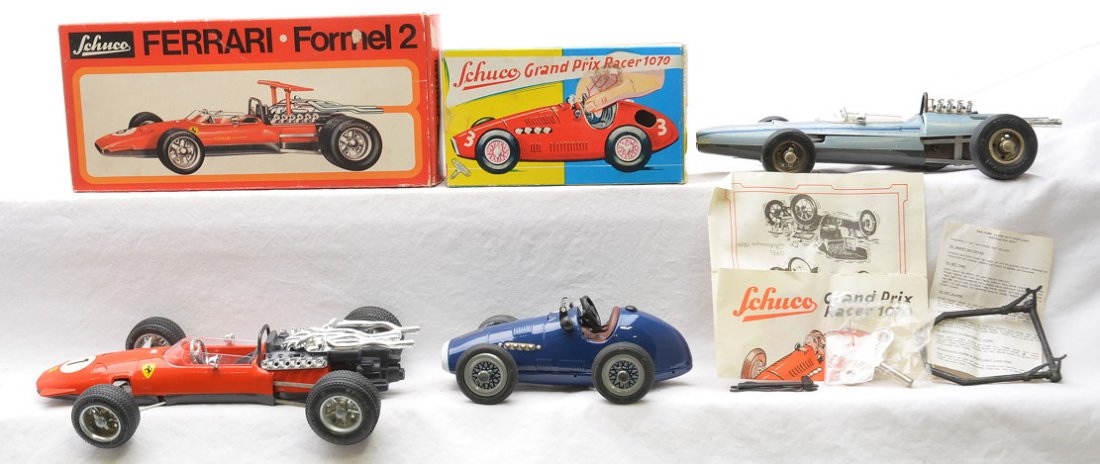 Schuco Grand Prix Racer no. 1070 Boxed: Schuco made in Germany Grand Prix racer no. 1070 with instruction sheet and tools in OB. Also included is a Ferrari Formel 2 no. 1073 in OB and a BMW Formel 2 6 no. 1072. Cars are C8, except for the B