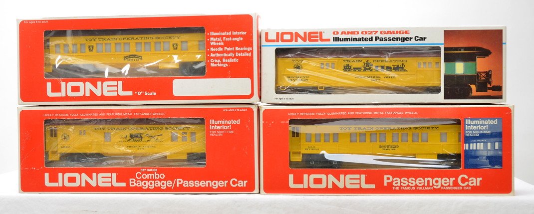 Lionel TTOS Convention 9512 9520 9526 9535 MIB: Lionel Toy Train Operating Society (TTOS) National Convention passenger cars including; 9512 Summerdale Junction 1974, 9520 Phoenix, AZ combination 1975, 9526 Snowbird, Utah observation 1976 and 9535 