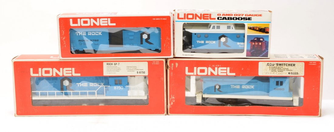 Lionel Rock 8750 GP-7 8860 Switcher 9782 9180: Lionel The Rock 8750 GP-7 diesel engine, 8860 NW2 switcher, 9782 boxcar and a 9180 caboose all in OBs. The 8860 switcher is in an incorrect box. The 8750, boxcar and caboose are C9. The 8860 is C8 The