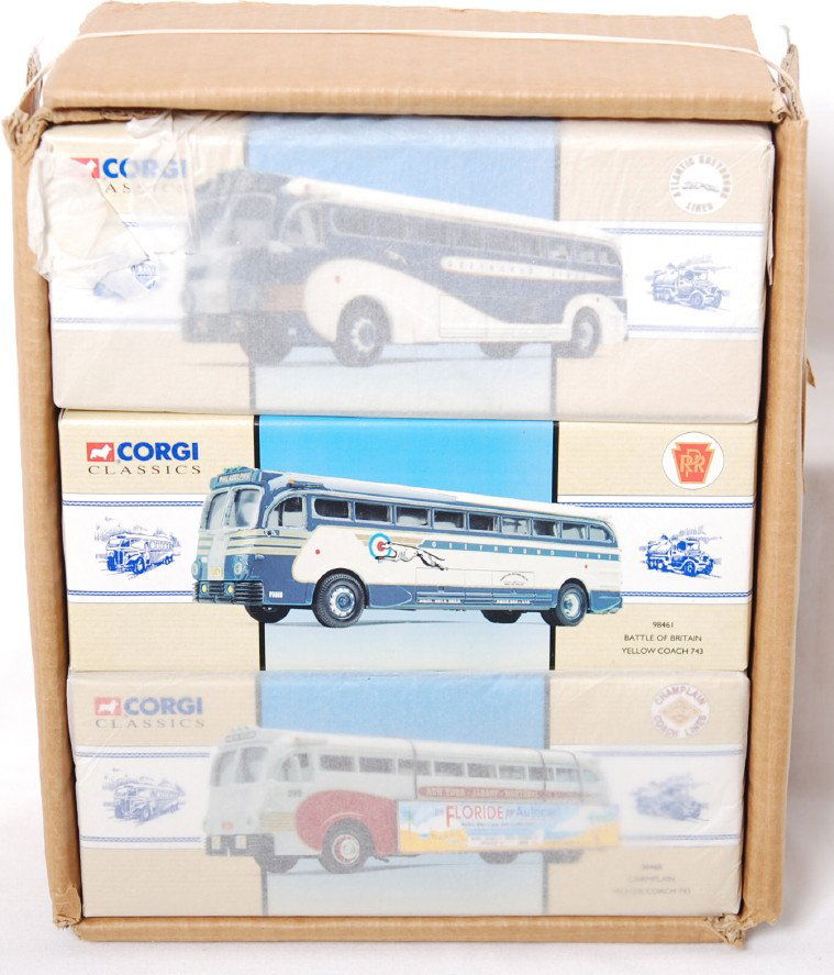 Corgi 98460-9964 Trailways Greyhound busses in Case: Corgi 98460-9964 case of six Greyhound Lines/Trailways buses in original boxes. Busses appear to have been removed from boxes for inspection or display, C9. Boxes show no wear other than loss of tissu