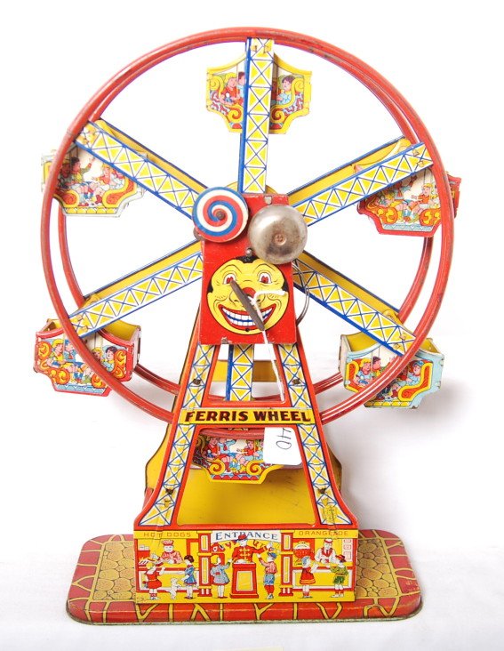 J. Chein & Co. Hurcules Ferris Wheel tinplate mechanica: J. Chein & Co. Hurcules Ferris Wheel, lithographed tinplate mechanical windup toy. Key winds motor and applies tension to spring, wheel turns nice and freely. Toy has a little very light surface rust 