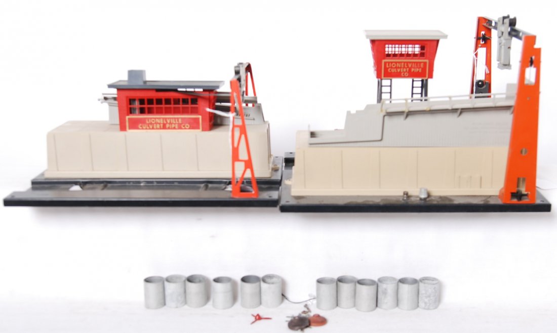 Lionel 345 and 342 Culvert loader and unloader 6342: Lionel Postwar O gauge culvert accessories including 345 culvert unloader, 342 culvert loader, connecting ramp, and 6342 New York Central culvert gondola. Both accessories have repaired handrails othe