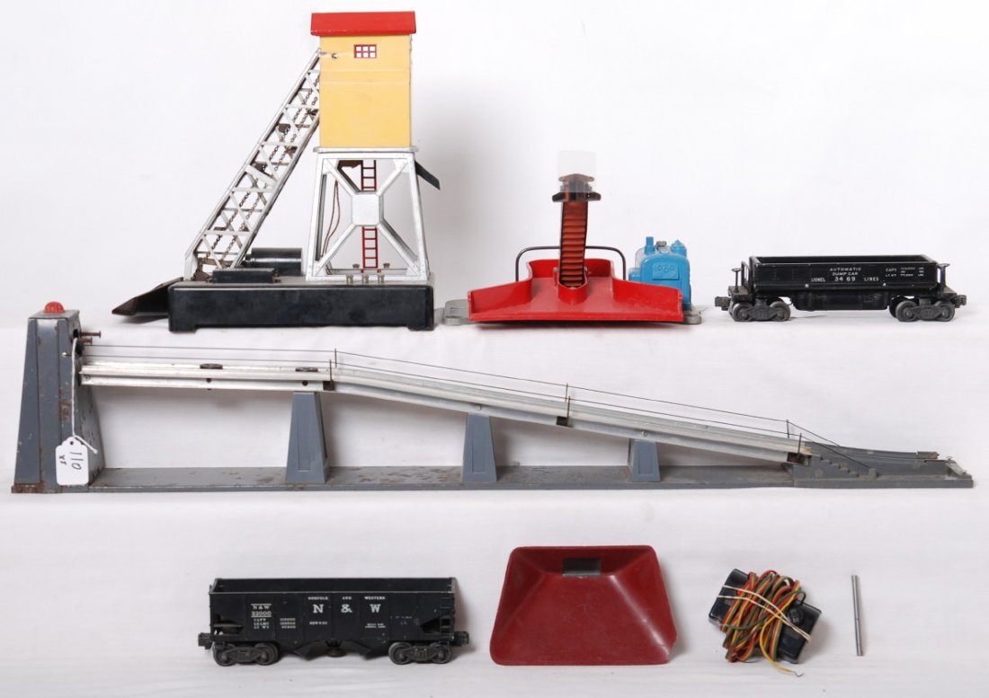 Lionel coal accessories 97, 397, 456, etc: Lionel Postwar O gauge coal accessories including 97 coal elevator with controller (plastic bin is mottled brown), 397 coal loader with overhead tray missing one post, 456 coal ramp (dark gray variati