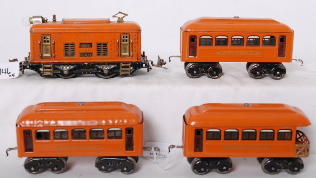 Lionel 248 boxcab, two 603 Pullman, 604 observation: Prewar Lionel O gauge 248 boxcab electric locomotive, two 603 Pullman and a 604 observation passenger car. Loco looks original C6 and passenger cars look restored C7-8 area.