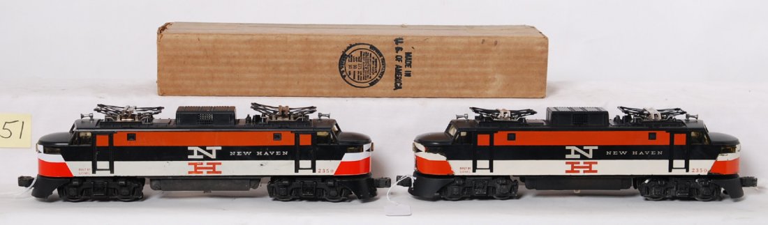 Lionel, two 2350 New Haven EP-5 electric locos, 1 OB: Postwar Lionel O gauge 2350 New Haven EP-5 electric locomotives with decal noses. One has original decals and repro pantographs, other has repro decals and original pantographs, both have repainted/pa