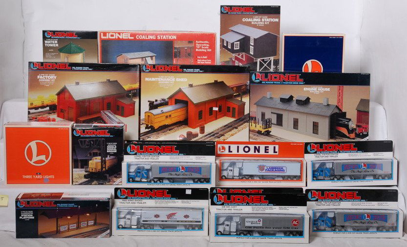 Lionel building kits, semi trailers, and more: Lionel modern O gauge track side accessories and more. Includes 12929 animated truck loading dock, 12904 coaling dock, 12906 maintenance shed, 12905 factory kit, 12897 engine house, 2788 coaling stati