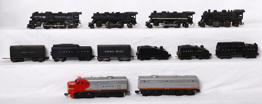 Lionel 223 P&C, 237, 1060, 1120, 2037, 1689T, 6026W: Postwar Lionel O gauge diesel and steam locomotives and some tenders. 223 P&C Santa Fe diesel Alcos; 237, 1060, 1120, and 2037 steam locos, 1689T (prewar, but it has a postwar 480 conversion), 6026W,