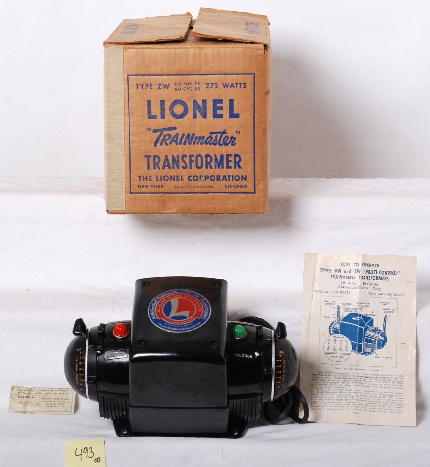 Lionel 275 Watt ZW transformer with OB: Lionel Postwar O gauge 275 Watt ZW transformer in OB. Also includes instruction sheet, inspection slip and original box inserts. Transformer base in clean with no major rust and city of Los Angeles ap