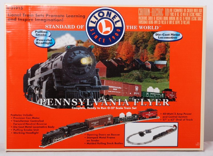 Lionel 31913 Pennsylvania Flyer Set: Lionel 39113 Pennsylvania Flyer set in OB. Includes all track, transformer and paperwork. Trains are C9-10.