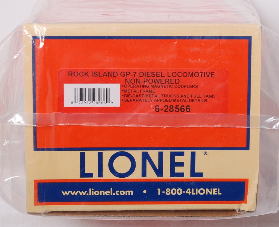 Lionel Rock Island 28566 GP-7 dummy loco: Lionel modern O gauge 28566 Rock Island GP-7 dummy loco in OB. Loco was opened for inspection and appears factory wrapped C9-10.