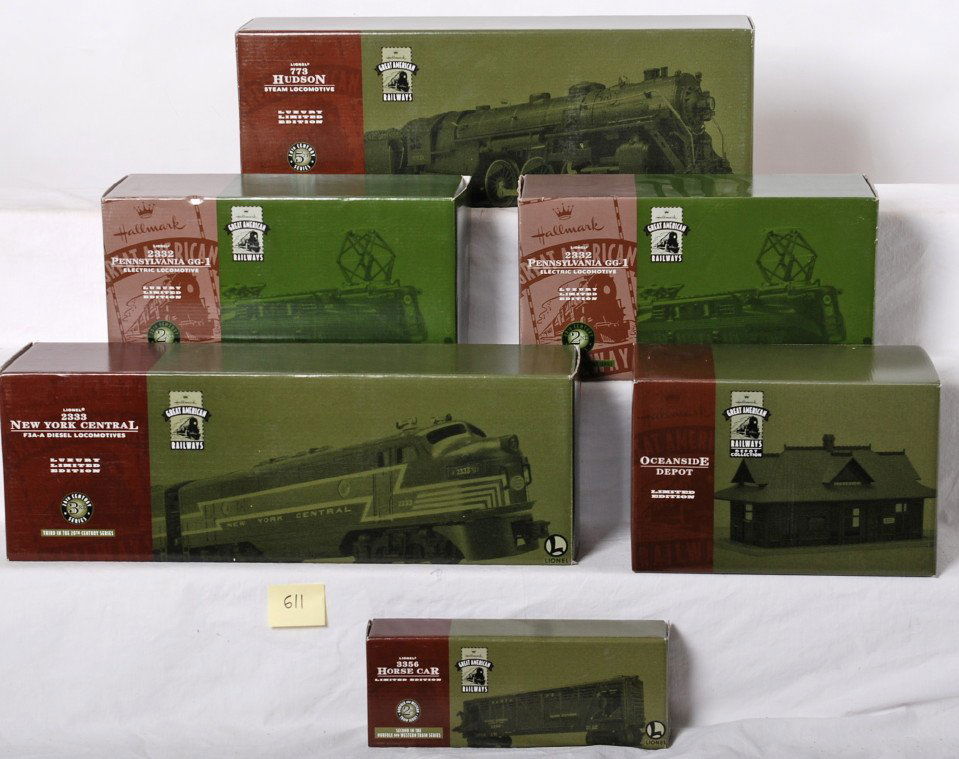 Lionel Hallmark Great American Railways items: Lionel Hallmark Great American Railways locomotives, station, and car. Includes two 2332 Pennsylvania GG-1s, 773 Hudson, 2333 New York Central F3 A-A, Oceanside depot, and 3356 horse car. Items appear