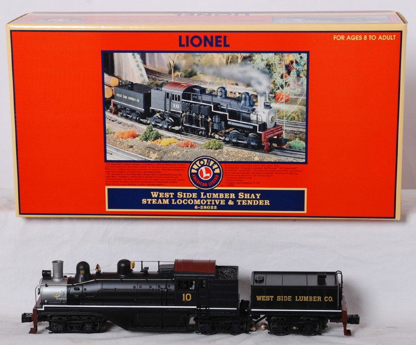 Lionel 28022 West Side Lumber shay: Lionel modern O gauge 28022 West Side Lumber shay steam locomotive in OB. Loco features TMCC, Railsounds, Electrocoupler, fan driven smoke unit and much more. The loco was only unwrapped for inspectio