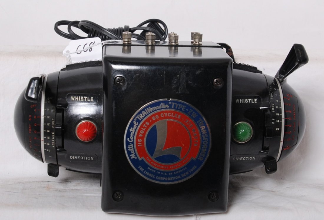 Lionel 275 Watt ZW transformer: Lionel Postwar O gauge 275 watt ZW transformer. Transformer has replacement cord and a few very small rust spots on the base and some very light wear to the case and handles. C6 overall.