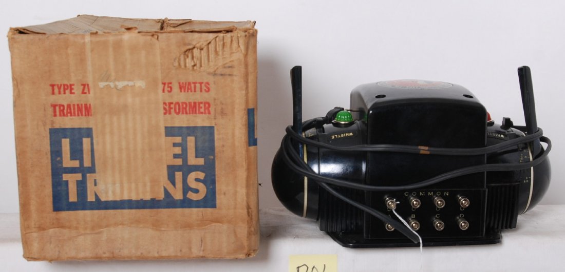 Lionel type ZW 275 watts transformer in OB: Postwar Lionel type ZW 275 watt transformer in original box. Transformer looks C7 with supple original cord. Box has small skinned spot, light wear to flaps, and includes bottom insert. Box is fairly 