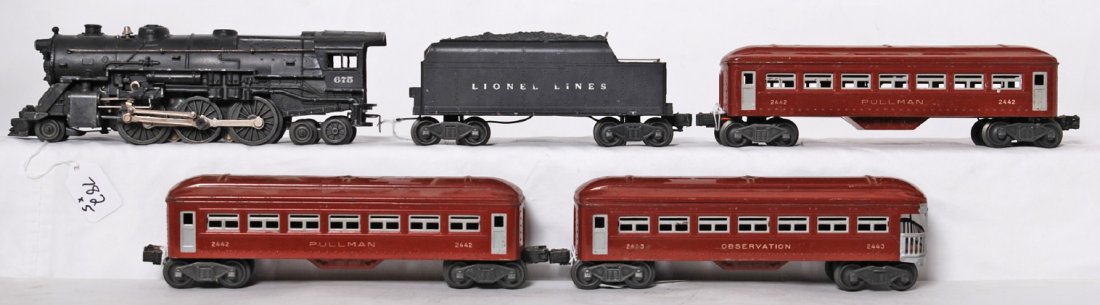 Lionel 675, 6466WX, 2442, 2442, 2443 passenger train: Postwar Lionel O gauge 675 steam loco and 6466WX whistle tender with two 2442 Pullman coaches, and a 2443 observation car. Loco has dinged cab corner, 2443 has a drip of paint on roof (touchup?), and 