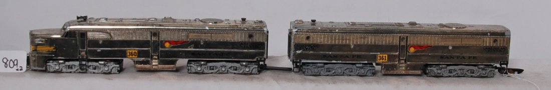 American Flyer 360 and 361 Santa Fe Alco diesels: Postwar American Flyer S gauge 360 and 361 Santa Fe diesel Alco PA-1 and PB-1 units. B unit has glue repaired steps and cracked shell, sold as is with no returns, A unit looks C5-6.