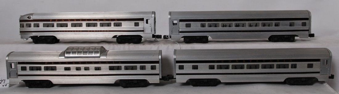 Lionel Pennsylvania Congressional passenger cars: Postwar Lionel O gauge Pennsylvania aluminum Congressional passenger car, C6 area. 2541 Alexander Hamilton observation, 2542 Betsy Ross vista dome, two 2543 William Penn Pullmans.