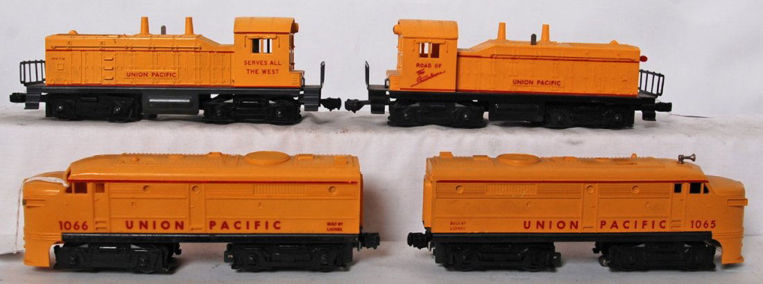 Lionel Union Pacific diesel locos, 635, 645, 1065, 1066: Postwar Lionel O gauge Union Pacific diesel locomotives, 635 NW2, 645 unnumbered NW2, 1065 and 1066 Alco A units, trains look C6-7 area, 635 needs a little cleaning.