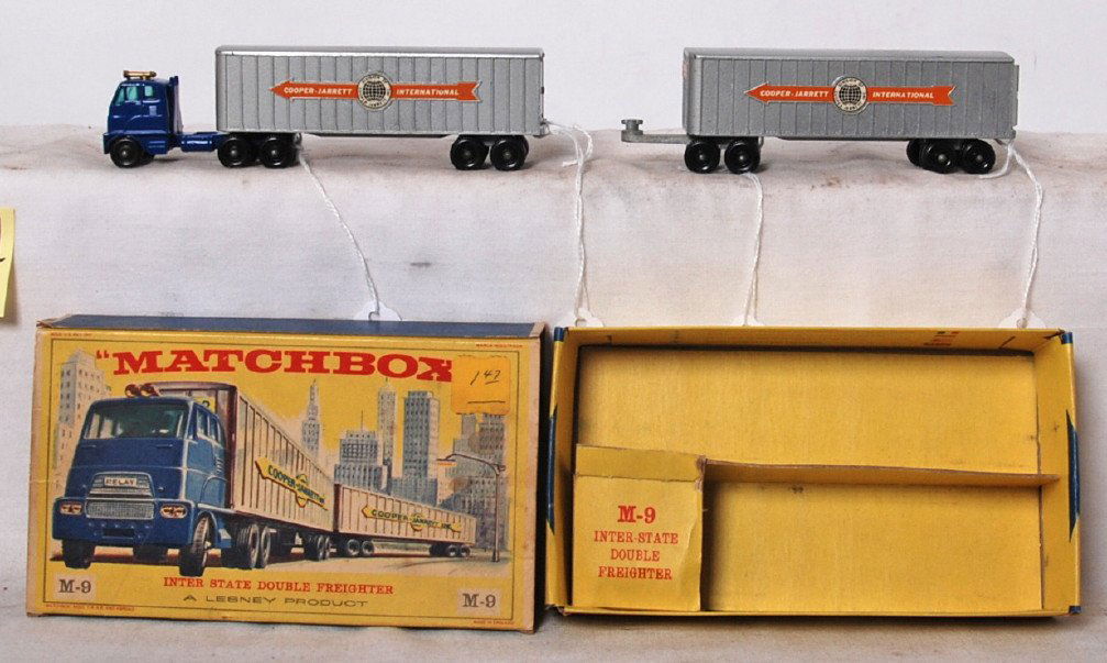 Matchbox Major Pack M-9 I.S. Double Freighter in OB: Matchbox Major Pack M-9 Inter State Double Freighter, Hendrickson Relay tractor with two Cooper-Jarrett International trailer vans with center bogie wheels. Tractor and trailers retain 95%-98% origina