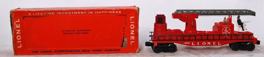 Lionel 3512 operating fireman & silver ladder car in OB: Postwar Lionel O gauge 3512 operating Fireman and ladder car with silver ladder variation, no missing nozzles. Car has a missing side ladder hanger nib, otherwise looks C6++. Two black side ladders. B