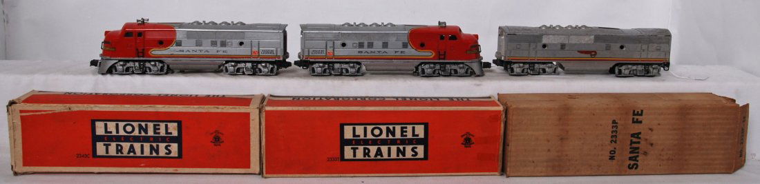 Lionel 2333P, 2343C, 2333T Santa Fe F3 diesels in OB: Postwar Lionel O gauge Santa Fe F3 diesel A-B-A units in original boxes with inserts. A units have silver/nickel pilot skirts and clean battery compartment. Trains should clean C6 area with missing po